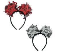 Carnavalife Diadema año nuevo 2026 con luz LED; accesorio Año Nuevo para Nochevieja, fiesta, photocall, cotillón, disfraces; tinsel metálico y banda flexible (2 HNY con luz rojo+plata, 2)