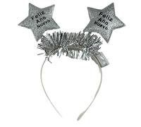 Carnavalife Diadema año nuevo 2026 con luz LED; accesorio Año Nuevo para Nochevieja, fiesta, photocall, cotillón, disfraces; tinsel metálico y banda flexible (FAN estrella con tiras con luz plata, 1)