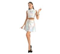 Carnavalife Disfraz Alien Metálico para Mujer, Conjunto Brillante Futurista Estilo Años 80, Top Sin Mangas y Falda con Efecto Holográfico, Accesorios de Robot IA (2XL, Costume Set)