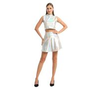 Carnavalife Disfraz Alien Metálico para Mujer, Conjunto Brillante Futurista Estilo Años 80, Top Sin Mangas y Falda con Efecto Holográfico, Accesorios de Robot IA (M, Costume)