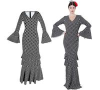 Carnavalife Disfraz flamenca talla única para mujer, Disfraz sevillana de flamenco, Disfraz chulapa andaluz, Disfraz gitana para Adultos, Vestido flamenca (NEGRO LUNAR BLANCO)