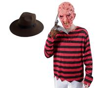 Carnavalife Disfraz Freddy Krueger Hombre Adulto, Camiseta y Guante Garra Mano, Sombrero para Halloween (XL, Disfraz+Garr Sombrero)