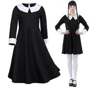 Carnavalife Disfraz Miercoles Addams de Mujer para Halloween, Vestido negro e infantil con Peluca y Medias (8 años, MODELO A)