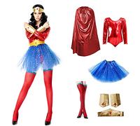 Carnavalife Disfraz Superhéroe Poder Niña Mujer, Conjunto Falda Tutú con Estrella, Maillot Body, Capa, Pulseras, Tocado y Medias (Pack rojo superwoman, L)
