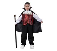 Carnavalife Disfraz Vampiro Lujo 3-12 Años, Conde Drácula Halloween, Chaleco y Camisa+Pantalones+Capa+Gargantilla (5-6 Años, Con Bastón)