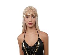 Carnavalife Gorro de Danza del Vientre Exótico Cleopatra con Cuentas de 20s para Mujer, Sombrero con Cadenas para la Cabeza hecho a Mano, Accesorios para Fiesta Baile y Disfraces (Rosa)