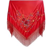Carnavalife Mantón con Bordados de Sevillana para Fiesta de Baile, Flamenco y Ferias, Color Negro Rojo y Blanco (Rojo con Hoja Verde, Extra Grande)