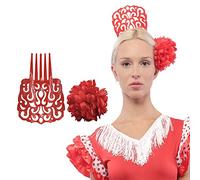 Carnavalife Peineta Flamenca Grande 18 * 13CM y Clips de Pelo de Flor para Fiestas Sevillana, Pack 2PCS (Rojo Liso)