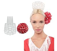 Carnavalife Peineta Flamenca Grande 18 * 13CM y Clips de Pelo de Flor para Fiestas Sevillana, Pack 2PCS (Blanco Rojo Punto)