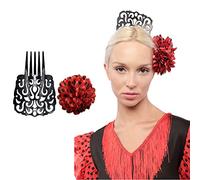 Carnavalife Peineta Flamenca Grande 18 * 13CM y Clips de Pelo de Flor para Fiestas Sevillana, Pack 2PCS (Negro Rojo Punto)