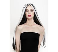 Carnavalife Peluca de Vampiresa Diablo de Halloween para Mujer, Pelo Largo y Liso de Cosplay, Pelucas Sintéticas de Fibra Resistente al Calor de Alta Temperatura (Negro/Blanco)