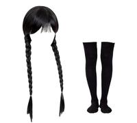 Carnavalife Peluca Miercoles, medias Wednesday Disfraz Addams Mujer Accesorios, peluca y medias (Adolescente/Adulto, Peluca+Media)