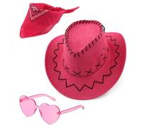 Carnavalife Sombrero Cowboy Cowgirl de Vaquero+Pañuelo Bandanas +Gafas de Corazon, Western Occidental Oeste Country Disfraz para Adulto y Niños para Fiesta y Cumpleaños (54cm, Fucsia)