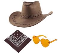 Carnavalife Sombrero Cowboy Cowgirl de Vaquero+Pañuelo Bandanas +Gafas de Corazon, Western Occidental Oeste Country Disfraz para Adulto y Niños para Fiesta y Cumpleaños (54cm, Marron Claro)