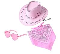 Carnavalife Sombrero Cowboy Cowgirl de Vaquero+Pañuelo Bandanas +Gafas de Corazon, Western Occidental Oeste Country Disfraz para Adulto y Niños para Fiesta y Cumpleaños (54cm, Rosa)