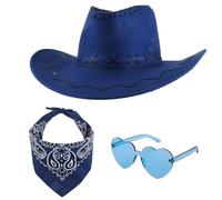 Carnavalife Sombrero Cowboy Cowgirl de Vaquero+Pañuelo Bandanas Paisley de Algodón+Gafas de Corazon, Western Occidental Oeste Country Disfraz para Adulto y Niños para Fiesta y Cumpleaños (54cm, Azul)