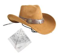 Carnavalife Sombrero cowboy vaquero unisex con pañuelo blanco western mujer hombre disfraces fiestas Halloween rodeo cosplay accesorio tematico (Cuerno Salvaje+Pañuelo blanco, Marrón, Adulto 57 cm)