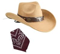 Carnavalife Sombrero cowboy vaquero unisex con pañuelo marrón western mujer hombre disfraces fiestas Halloween rodeo cosplay accesorio tematico (Cuerno Salvaje+Pañuelo marrón, Beige, Adulto 57 cm)