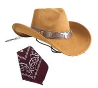 Carnavalife Sombrero cowboy vaquero unisex con pañuelo marrón western mujer hombre disfraces fiestas Halloween rodeo cosplay accesorio tematico (Cuerno Salvaje+Pañuelo marrón, Marrón, Adulto 57 cm)