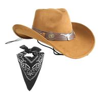 Carnavalife Sombrero cowboy vaquero unisex con pañuelo negro western mujer hombre disfraces fiestas Halloween rodeo cosplay accesorio tematico (Cuerno Salvaje+Pañuelo Negro, Marrón, Adulto 57 cm)