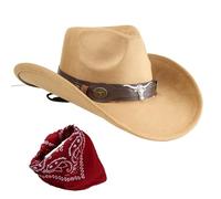 Carnavalife Sombrero cowboy vaquero unisex con pañuelo rojo western style mujer hombre disfraces fiestas Halloween rodeo cosplay accesorio tematico (Cuerno Salvaje+Pañuelo rojo, Beige, Adulto 57 cm)
