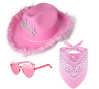 Carnavalife Sombrero Rosa Blanco Cowgirl Plumas Mujer y Niña, White Pink Cowboy Hat, Gorro Vaquero Rosa Sombrero Cowboy Cowgirl de Vaquero+PañueloAlgodón+Gafa Corazones (Rosa Adulto)