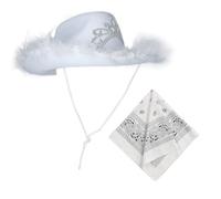 Carnavalife Sombrero Rosa Blanco Cowgirl Plumas Mujer y Niña, White Pink Cowboy Hat, Gorro Vaquero Rosa Sombrero Cowboy Cowgirl de Vaquero+Pañuelo Bandanas Paisley de Algodón (Blanco Adulto)