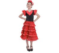Carnavalife Vestido Flamenca Niña para Disfraz Flamenco Sevillana Bebe y Chica, Trajes Sevillianos Niña con Diseño de Lunares, 1-14 años (Rojo/Negro, 4 años)