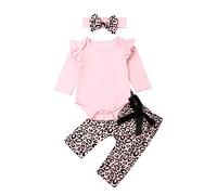 Carolilly 3 Piezas Set Traje para Niña con Mameluco de Manga Larga Estampado de Leopardo Pantalones y Diadema Conjunto de Bebé Recién Nacido