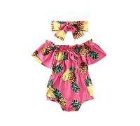Carolilly Bebé Recién Nacida Ropa Verano para Playa Mameluco de Manga Corta para Niñas Pequeñas Tops Mono de Cuerpo + Diadema Bodysuit con Estampado de Piñas/Girasoles (Rosa, 12-18 Meses)