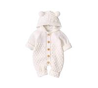 Carolilly Bebé Recién Nacido Mono Unisex de Punto para Niños Niñas Mameluco Ropa Suéter Invierno Cálido con Diseño Infantil de Oreja Oso en Capucha Traje de Una Pieza (Blanco, 0-6 Meses)