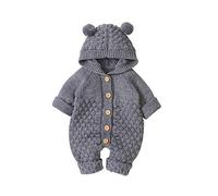 Carolilly Bebé Recién Nacido Mono Unisex de Punto para Niños Niñas Mameluco Ropa Suéter Invierno Cálido con Diseño Infantil de Oreja Oso en Capucha Traje de Una Pieza (Gris, 0-6 Meses)