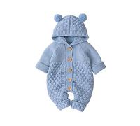 Carolilly Bebé Recién Nacido Mono Unisex de Punto para Niños Niñas Mameluco Ropa Suéter Invierno Cálido con Diseño Infantil de Oreja Oso en Capucha Traje de Una Pieza (Azul, 6-12 Meses)