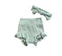 Carolilly Bermudas Bebé de Algodón Pantalones Cortos para Niña Recién Nacida Ropa Interior Bragas Verano Braguitas Elásticas de Volantes + Diadema Shorts Baby Girl Casual (Verde, 12-18 Meses)