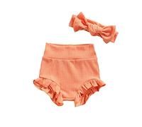 Carolilly Bermudas Bebé de Algodón Pantalones Cortos para Niña Recién Nacida Ropa Interior Bragas Verano Braguitas Elásticas de Volantes + Diadema Shorts Baby Girl Casual (Naranja, 12-18 Meses)