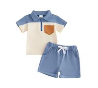 Carolilly - Camiseta de manga corta con cuello acanalado y media cremallera de color contraste + pantalón corto conjunto de 2 piezas chándal, azul, 12-18 Meses