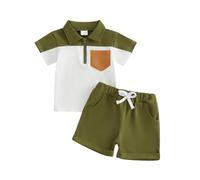Carolilly - Camiseta de manga corta con cuello acanalado y media cremallera de color contraste + pantalón corto conjunto de 2 piezas chándal, verde militar, 18-24 Meses