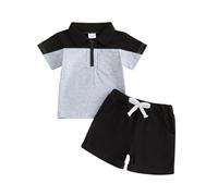 Carolilly - Camiseta de manga corta con cuello acanalado y media cremallera de color contraste + pantalón corto conjunto de 2 piezas chándal, Negro , 3-4 Años