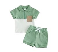 Carolilly - Camiseta de manga corta para niño y niño (2 piezas, cuello rajado, media cremallera), color contraste + pantalones cortos de verano, verde, 2-3 años