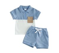 Carolilly - Camiseta de manga corta para niño y niño (2 piezas, cuello rajado, media cremallera), color contraste + pantalones cortos de verano, azul, 2-3 años