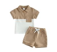 Carolilly - Camiseta de manga corta para niño y niño (2 piezas, cuello rajado, media cremallera), color contraste + pantalones cortos de verano, caqui, 2-3 años