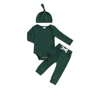 Carolilly Conjunto completo de 3 piezas para recién nacido masculino, mono de color liso con manga larga, bodysuit con botones+pantalones elásticos en la cintura+sombrero, verde oscuro, 0 Mes