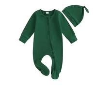 Carolilly Conjunto de 2 piezas de body elegante para bebé, de algodón, unisex, body de manga larga, con cremallera + gorro para recién nacido, Verde, 0-3 meses