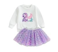 Carolilly Conjunto de 2 piezas de cumpleaños para niñas pequeñas, camiseta de manga larga con bordado de letras y cola de pez, sudadera + falda de tul tutú, ropa de bebé, regalo de cumpleaños de