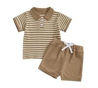 Carolilly Conjunto de 2 piezas de ropa de bebé masculino elegante juego de verano a rayas mono recién nacido macho manga corta camiseta verano con botones + pantalones cortos niño, Caqui., 18-24