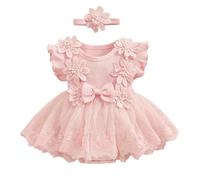 Carolilly - Conjunto de 2 piezas de verano para bebé niña recién nacida, pelele de mangas cortas con falda de encaje floral + diadema a juego (0-18 meses), rosa, 3-6 Meses