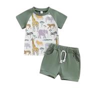 Carolilly Conjunto de 2 piezas de verano para bebé recién nacido, mono para recién nacido, camiseta de manga corta, camiseta de verano con estampado de animales + pantalones cortos de playa para niño