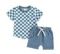 Carolilly Conjunto de 2 piezas de verano para niño recién nacido, mono para recién nacido, camiseta de manga corta, camiseta de verano con impresión a cuadros + pantalones cortos elásticos, turquesa