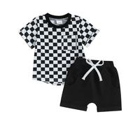 Carolilly Conjunto de 2 piezas de verano para niño recién nacido, mono para recién nacido, camiseta de manga corta, camiseta de verano con impresión a cuadros + pantalones cortos elásticos, Negro , 0
