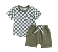 Carolilly Conjunto de 2 piezas de verano para niño recién nacido, mono para recién nacido, camiseta de manga corta, camiseta de verano con impresión a cuadros + pantalones cortos elásticos, Verde, 2-3